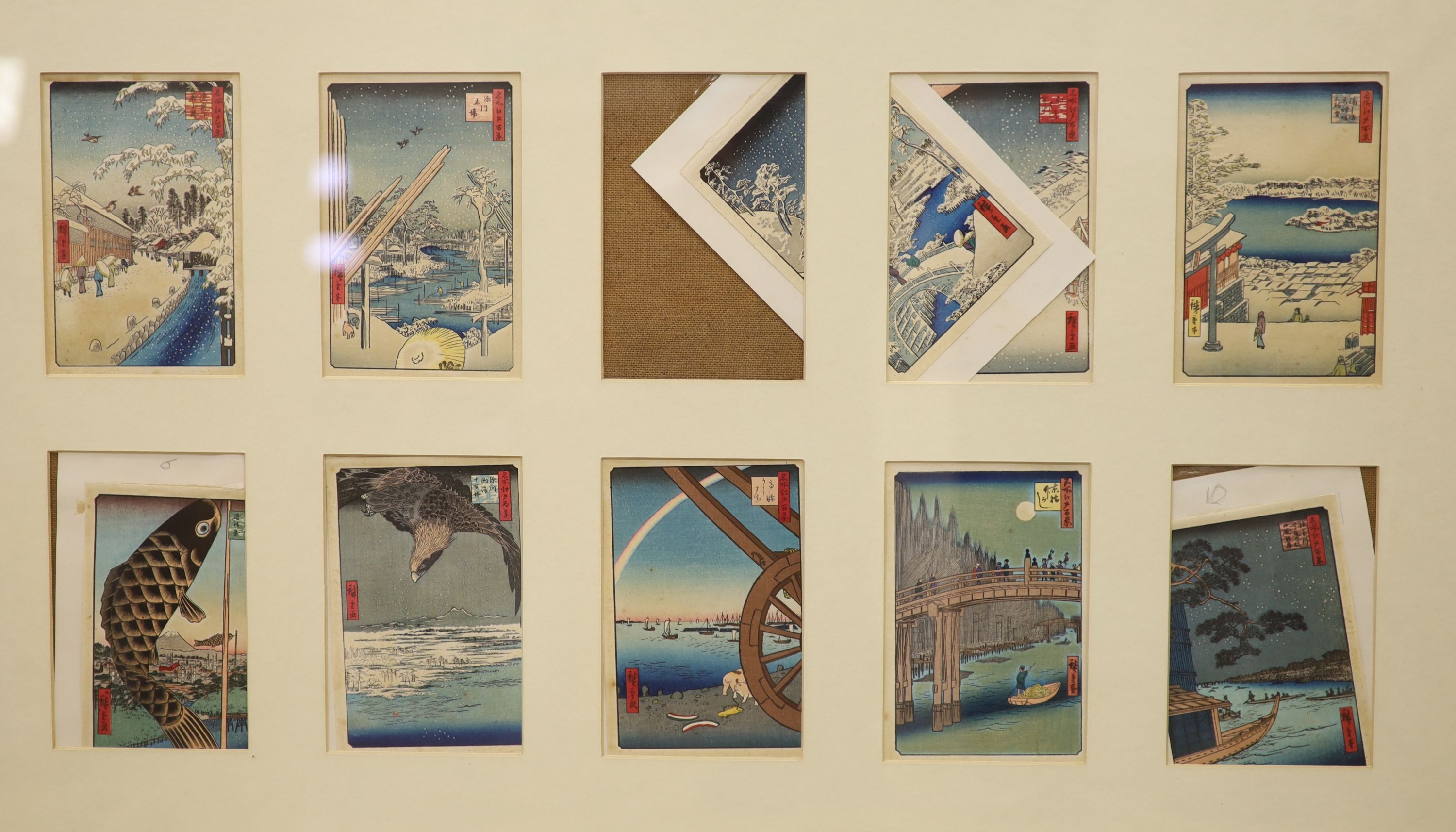 Hiroshige, set of twenty woodblock prints, Scenes from views along the Tokaido Road, 15 x 10cm, framed as two